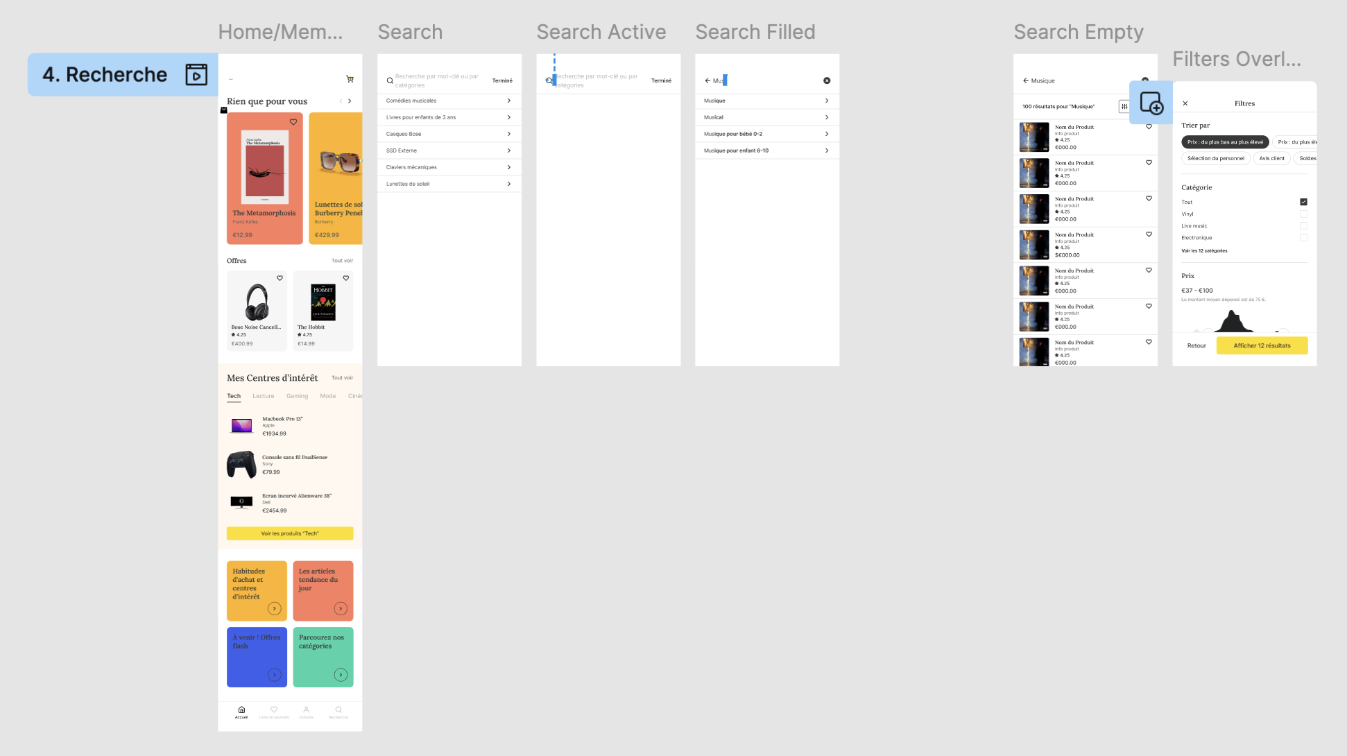 Maquette interactive pour effectuer une recherche sur la boutique en ligne