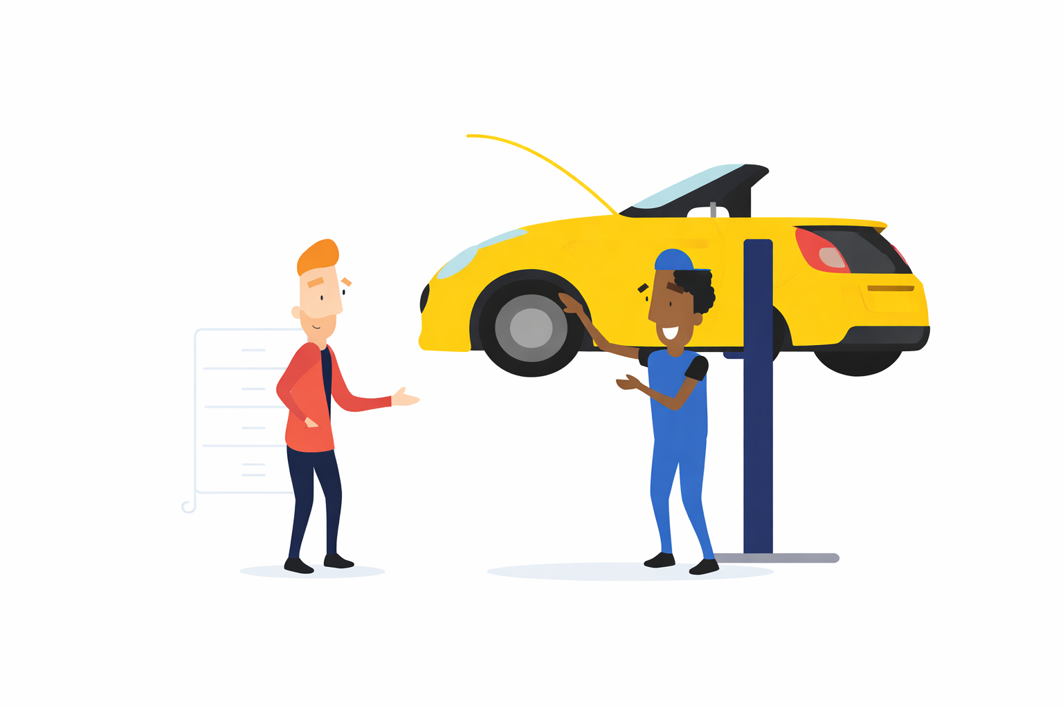 Een autokoper gaat het gesprek aan met een automonteur tijdens een onafhankelijke aankoopkeuring