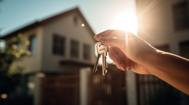 This may contain: a hand holding a house key in front of a house with the sun shining on it