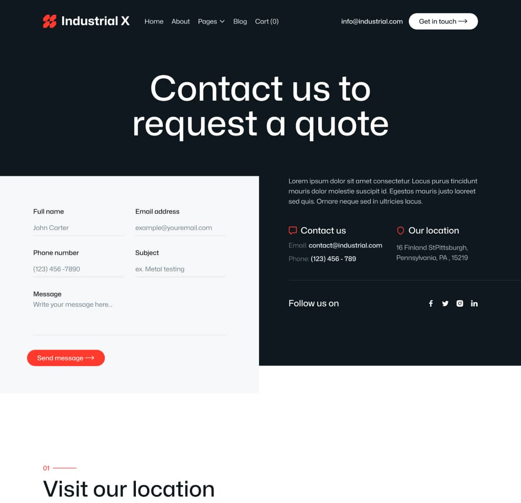 Industrial X - Contact V1 Page - Metallurgical Webflow Template