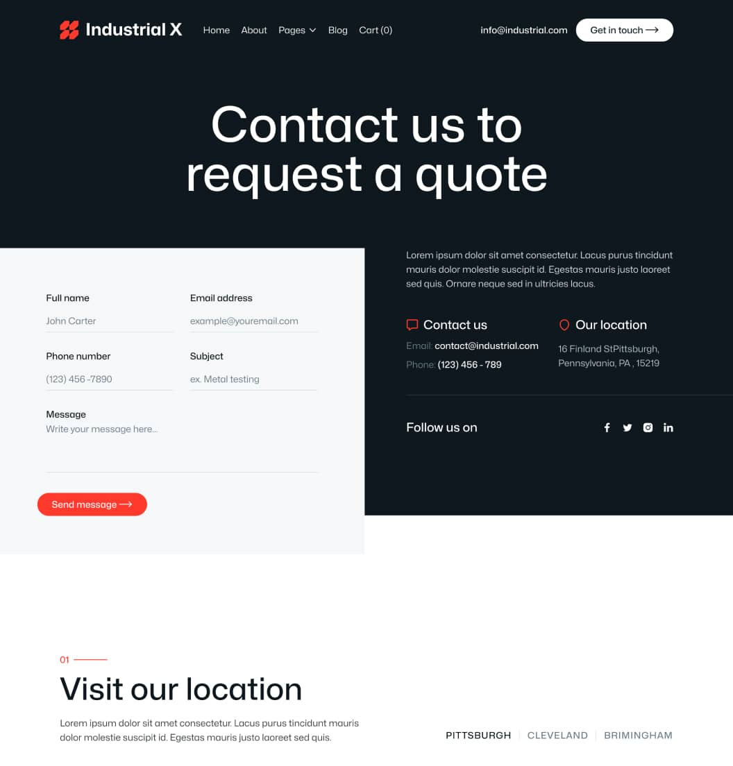 Industrial X - Contact V1 Page - Metallurgical Webflow Template