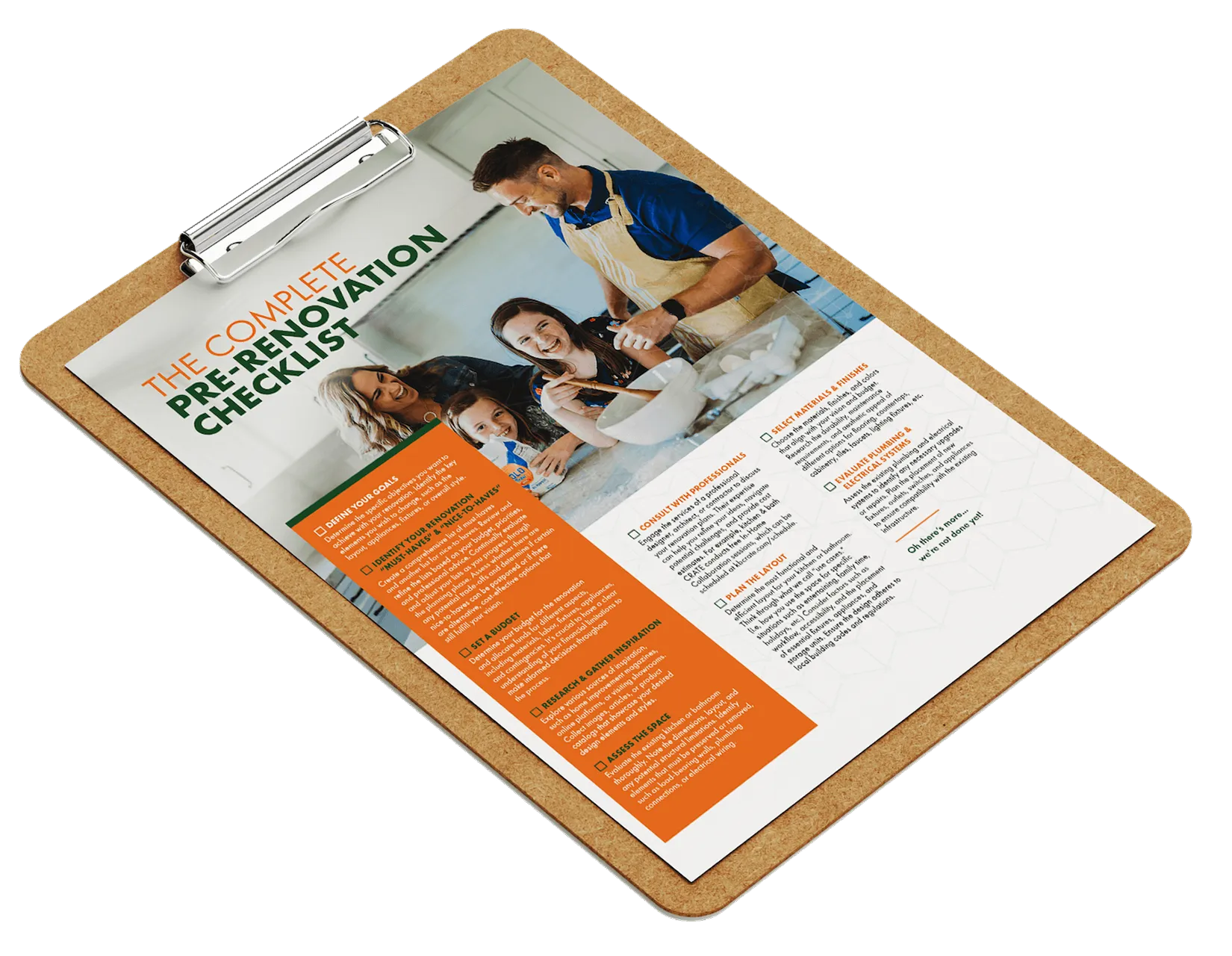 Clipboard with a printed pre-renovation checklist and a smiling family of four baking in a kitchen.