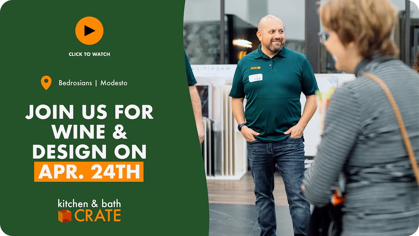 Man in green shirt with a name tag smiling and standing indoors near a woman with short hair blurred in foreground, next to text inviting to join a wine and design event on April 24th at Bedrosians Modesto.