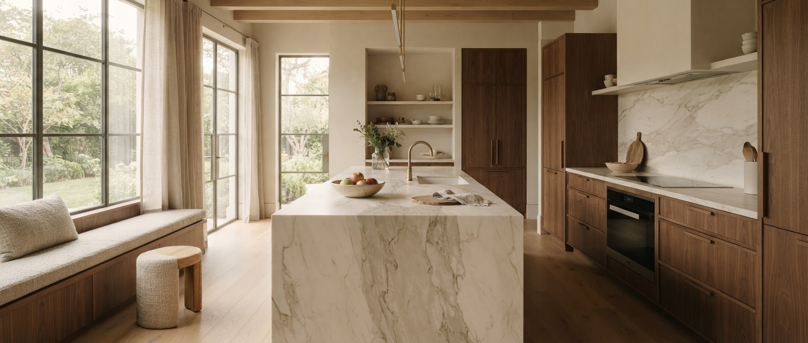 Kitchen with stone island and perimeter countertops