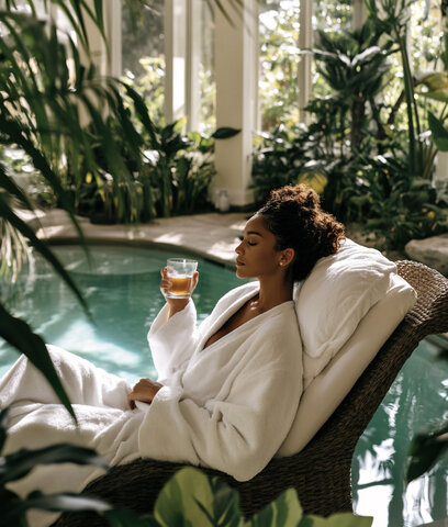 woman enjoying a spa day by the pool, on vacation