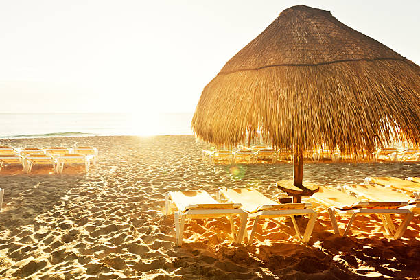 beach setting with chairs and an umbrella