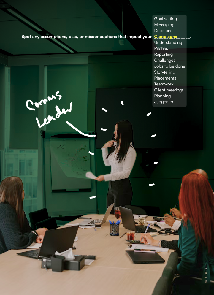 Image of Comms Leader presenting in boardroom with options of helpful areas Piar's training helps with