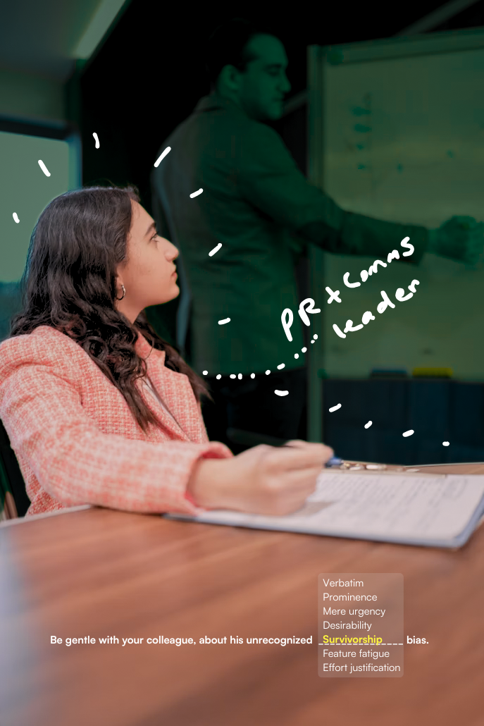 Image of PR & Comms leader in meeting, with caption showing she's noticing her colleague's biases because of her training with Piar