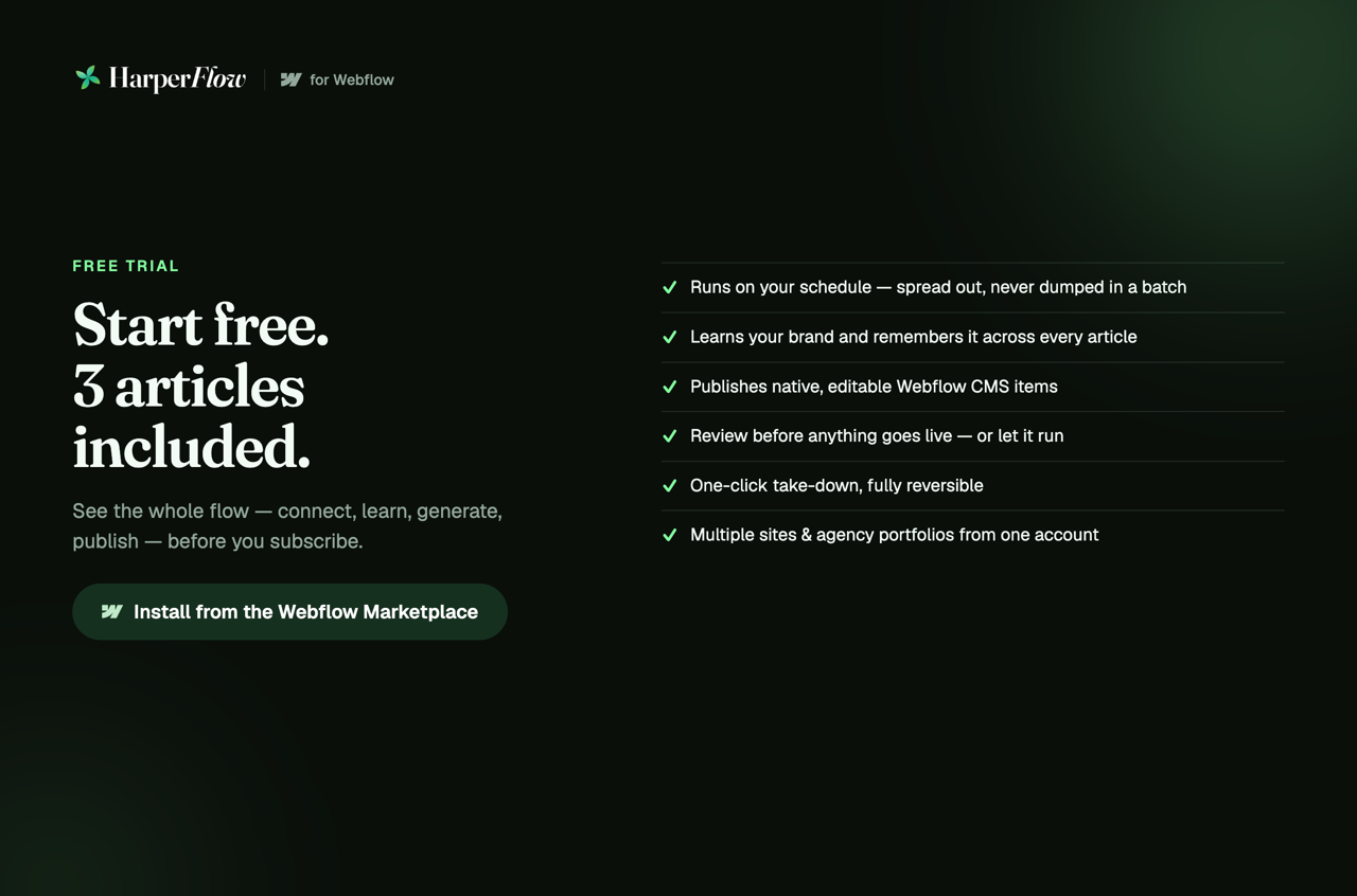 Start free — 3 articles included," with feature highlights and an "Install from the Webflow Marketplace.