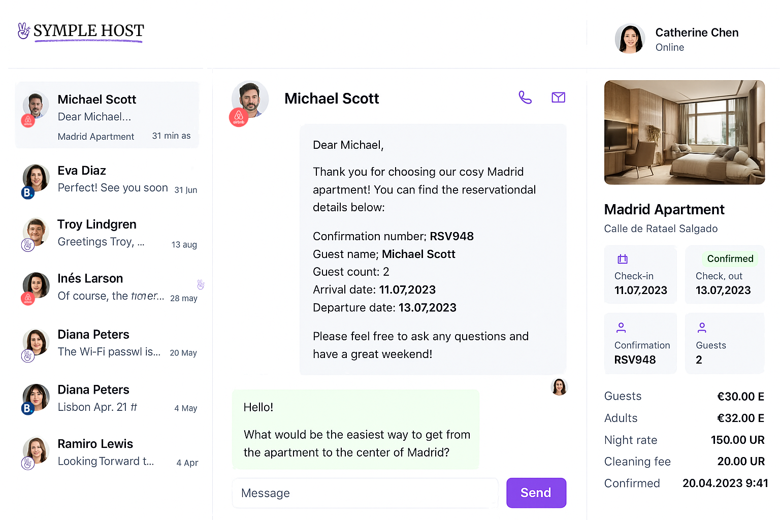 SympleHost AI assistant replying to guest message in Airbnb interface