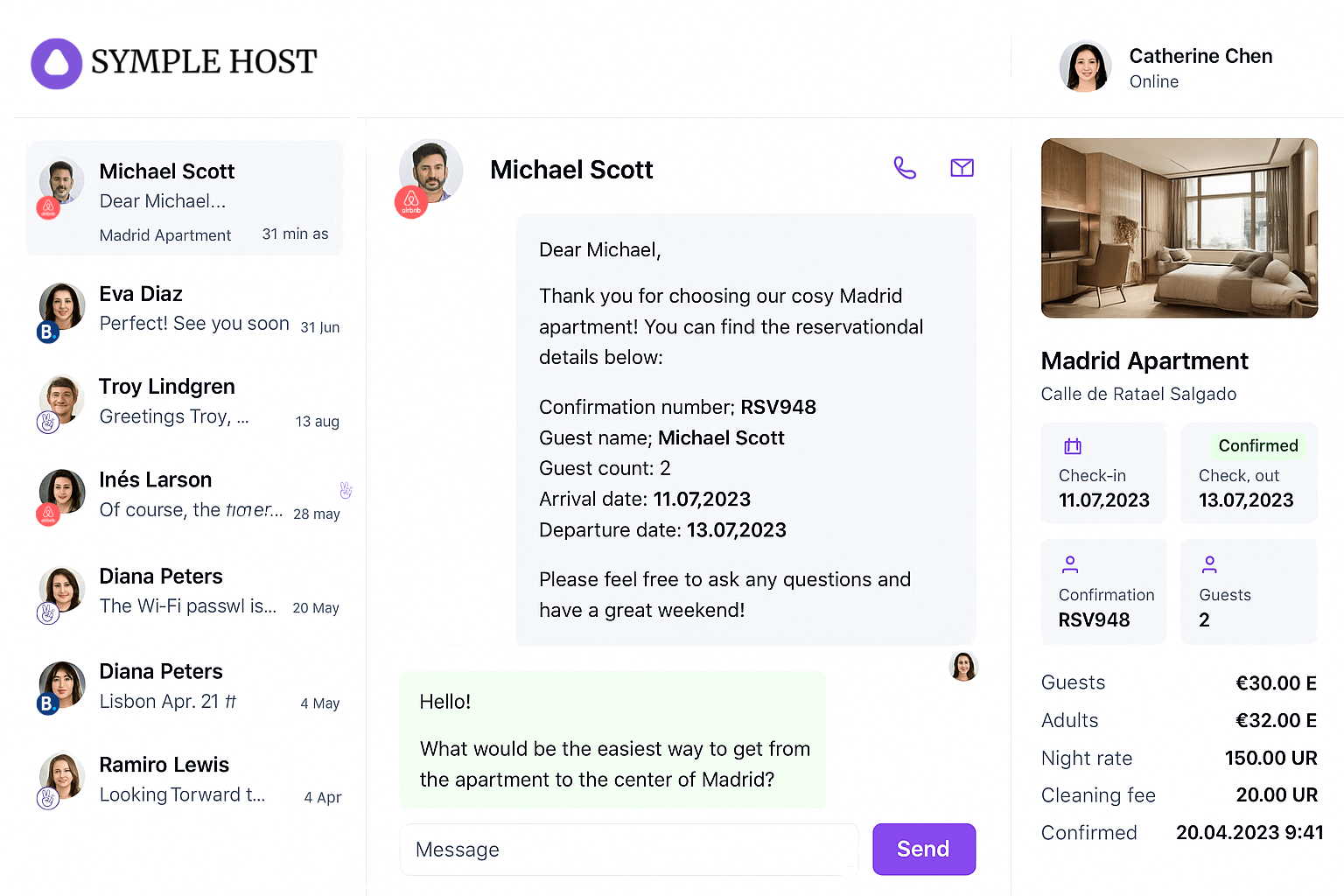SympleHost AI assistant replying to guest message in Airbnb interface