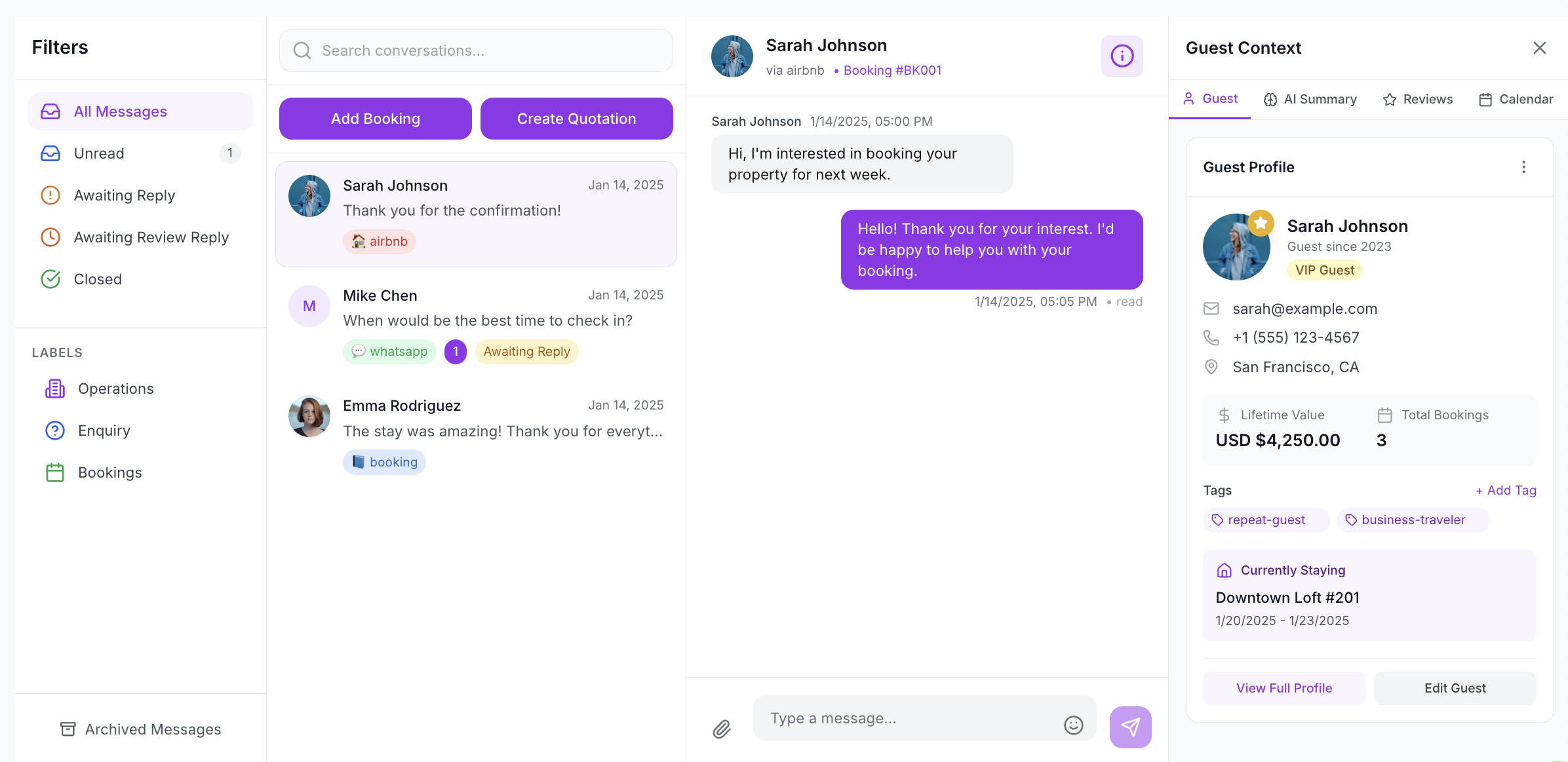 SympleHost AI assistant replying to guest message in Airbnb interface