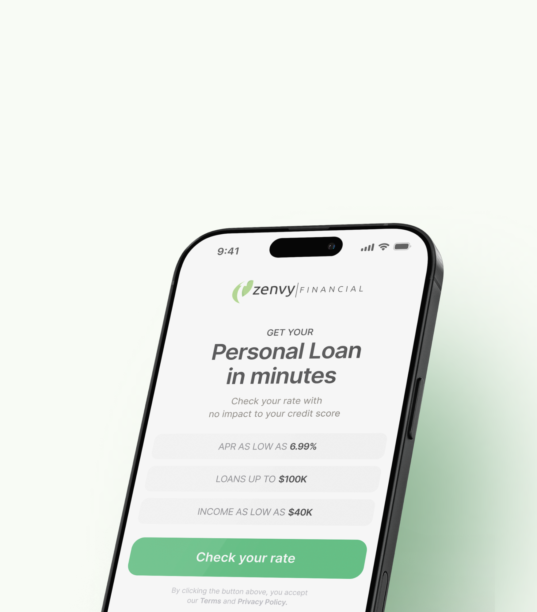 Zenvy Financial app showing personal loan rate calculator