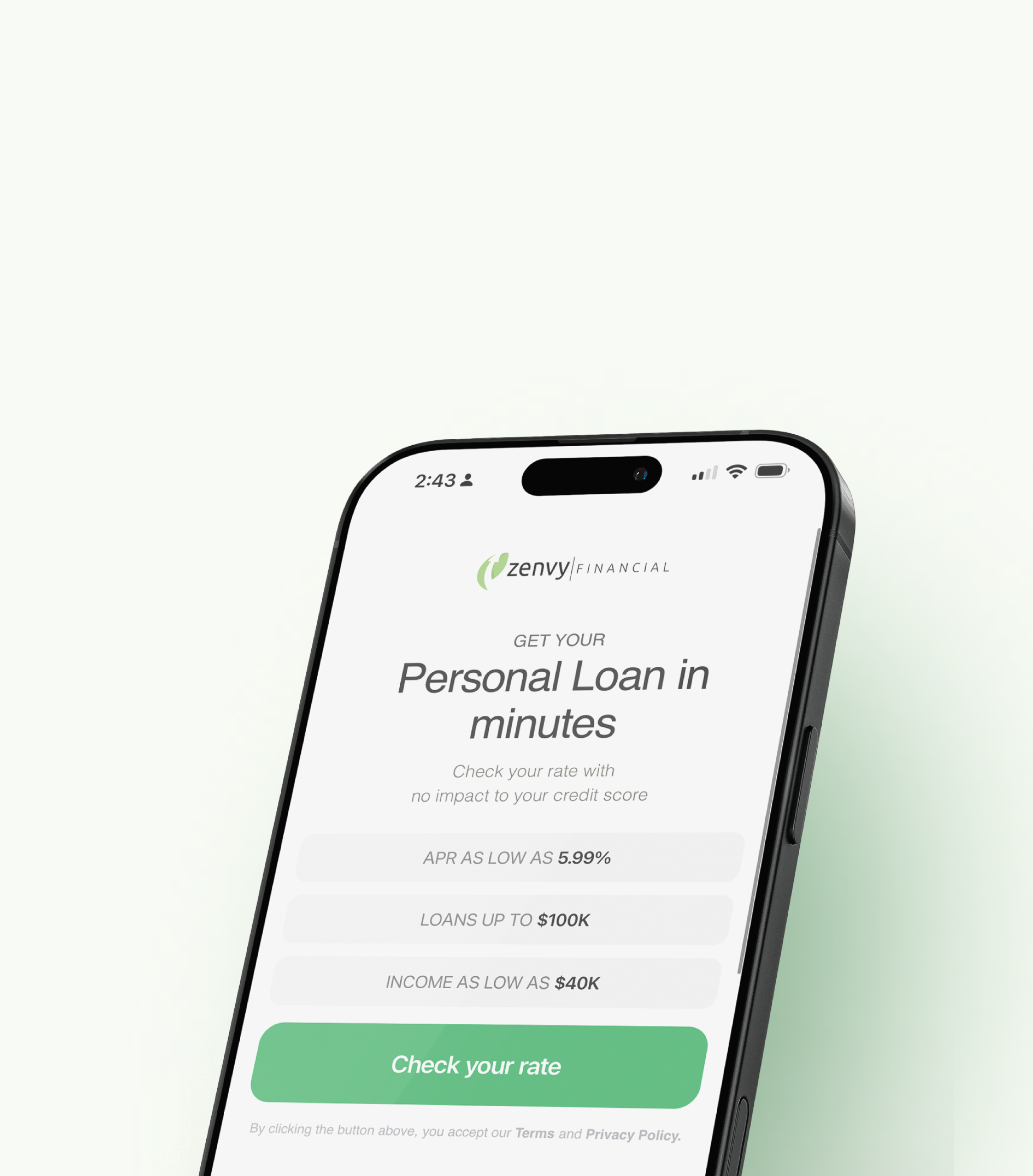 Zenvy Financial app showing personal loan rate calculator