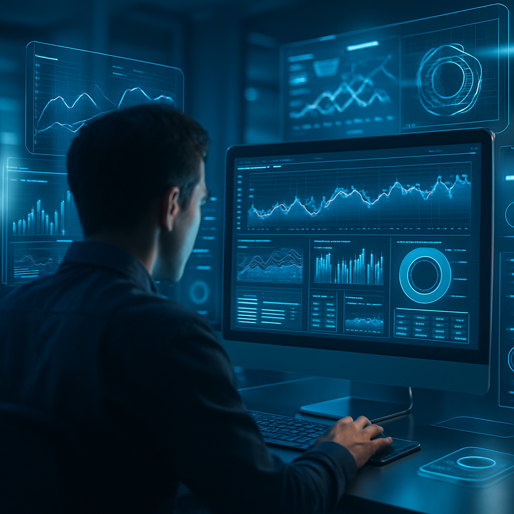 A person focused on a computer screen in a futuristic office with holographic displays.