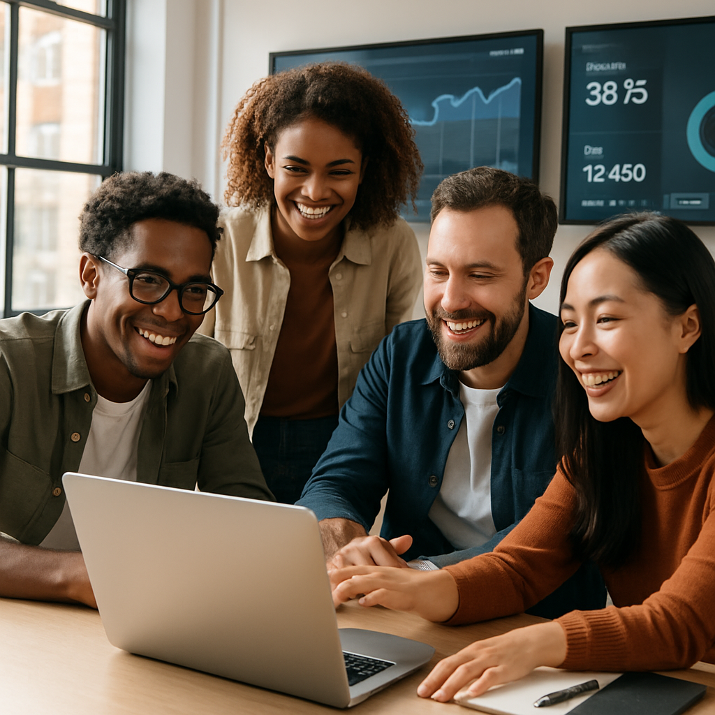 A diverse team collaborating in a modern tech workspace, surrounded by digital screens showing metrics.