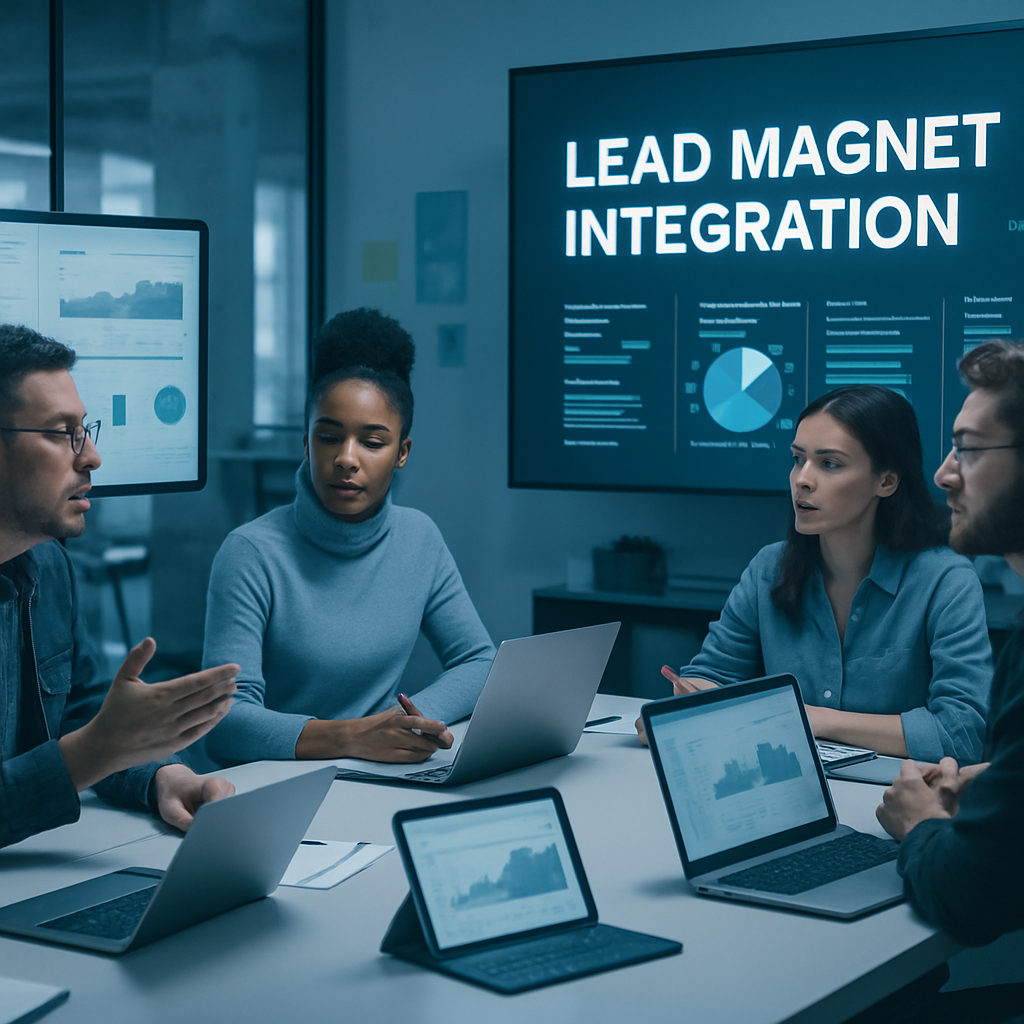 Marketer and team strategizing on lead magnet integration in a collaborative workspace