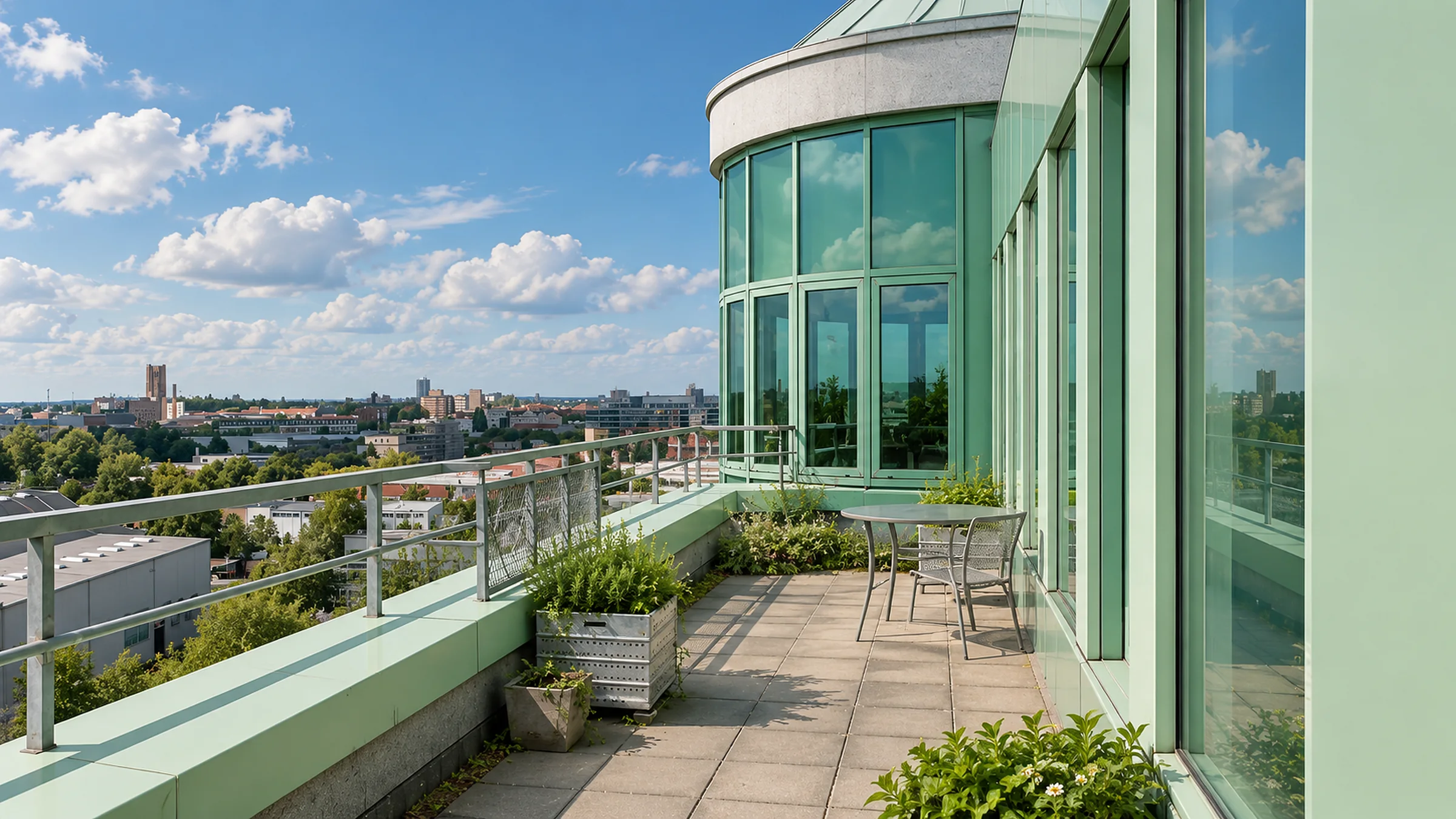 Rooftop terrace at the GODU building overlooking Berlin-Tempelhof
