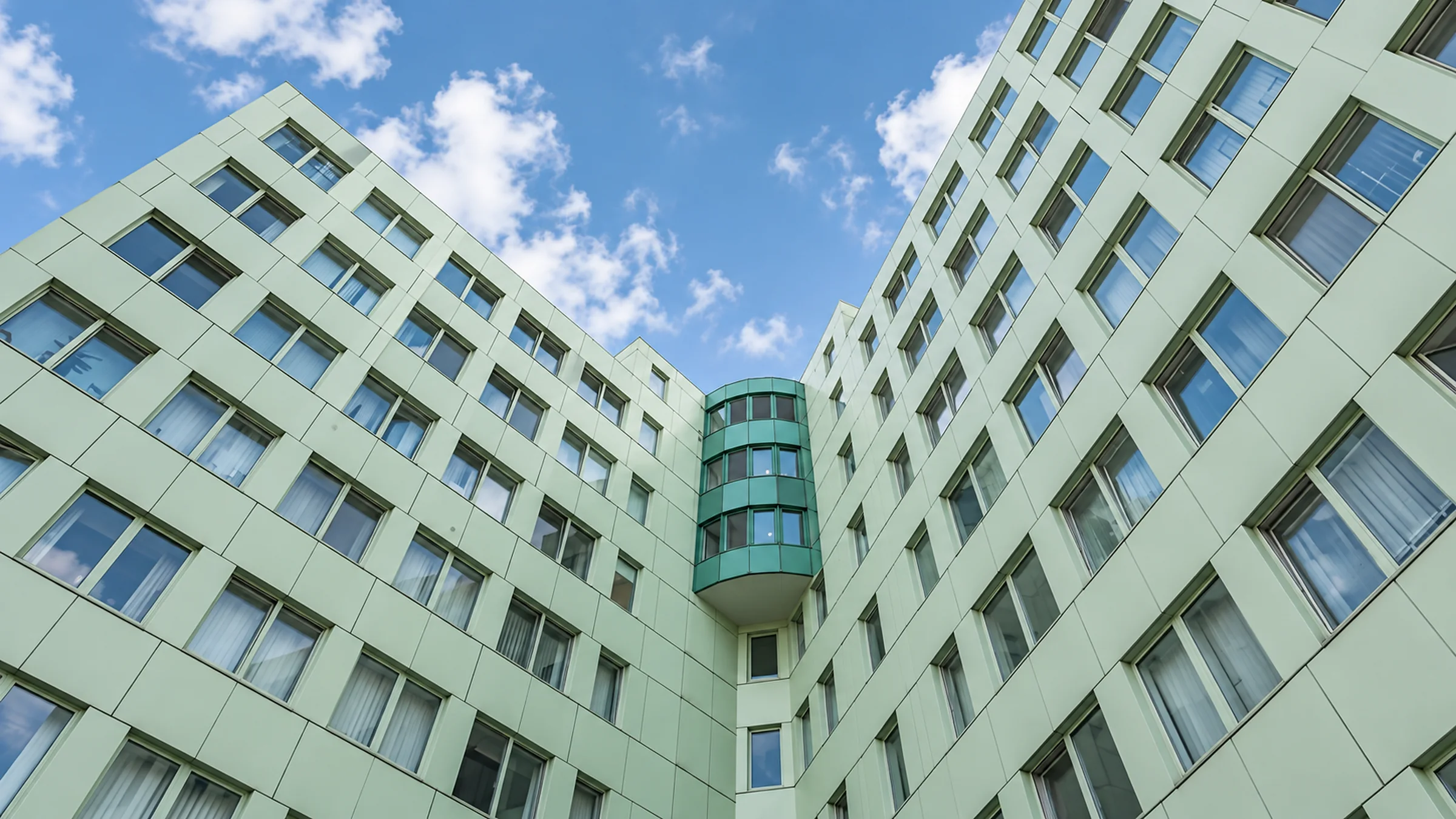 Looking up through the courtyard of the GODU building in Berlin-Tempelhof