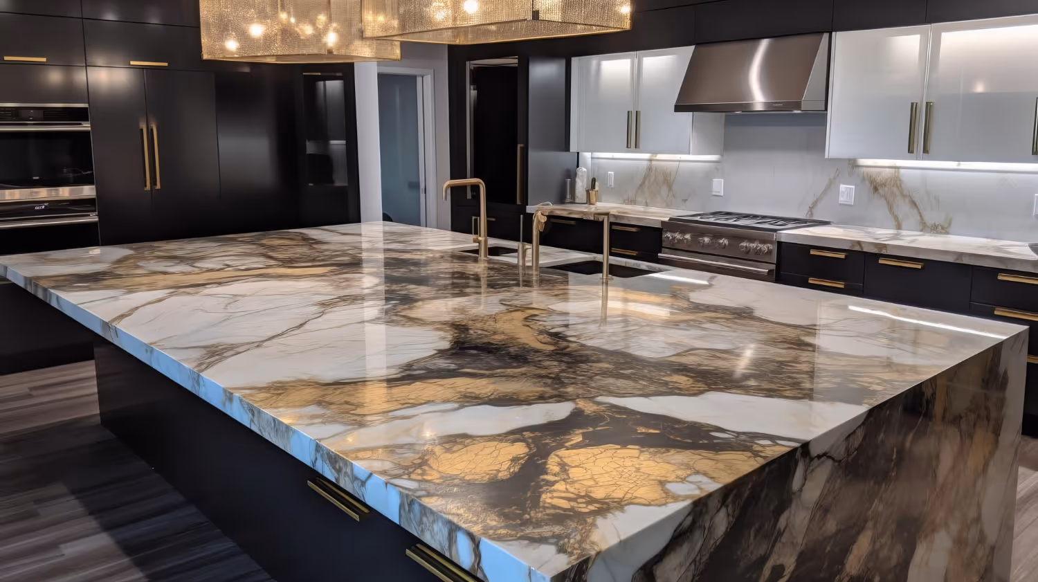 Modern kitchen featuring large polished marble island countertop with gold and black veining, black cabinetry, and stainless steel appliances.