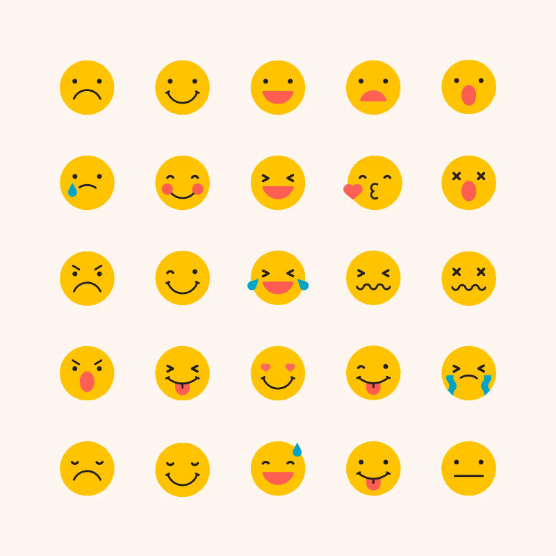 A 5 by 5 grid of different emojis demonstrating a range of emotions. 