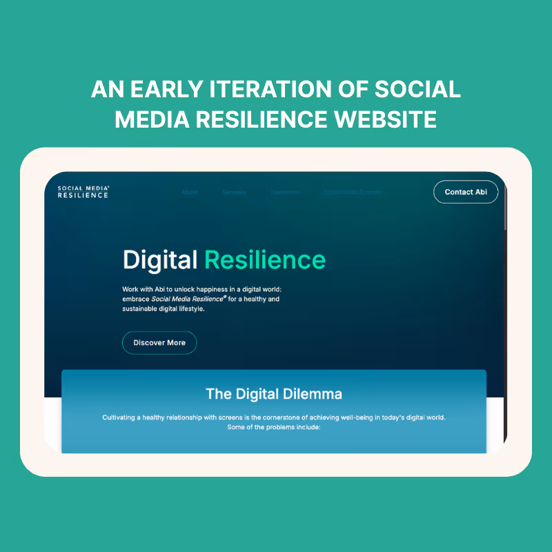 An image of an old version of the Social Media Resilience's website with a ground background behind the image. 