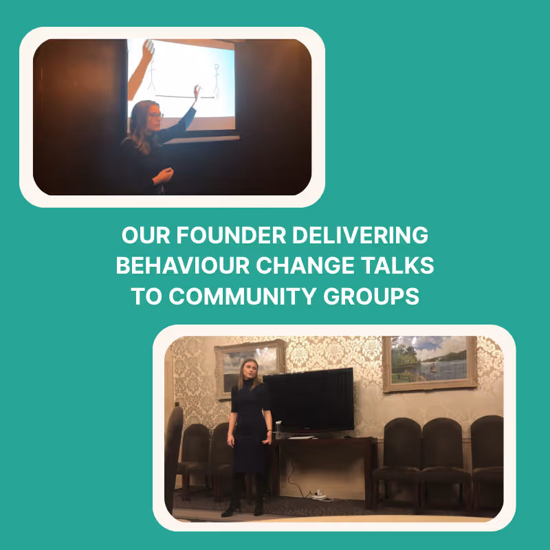 Two images on a green background of Abi Edmunds delivering talks to groups of people. 
