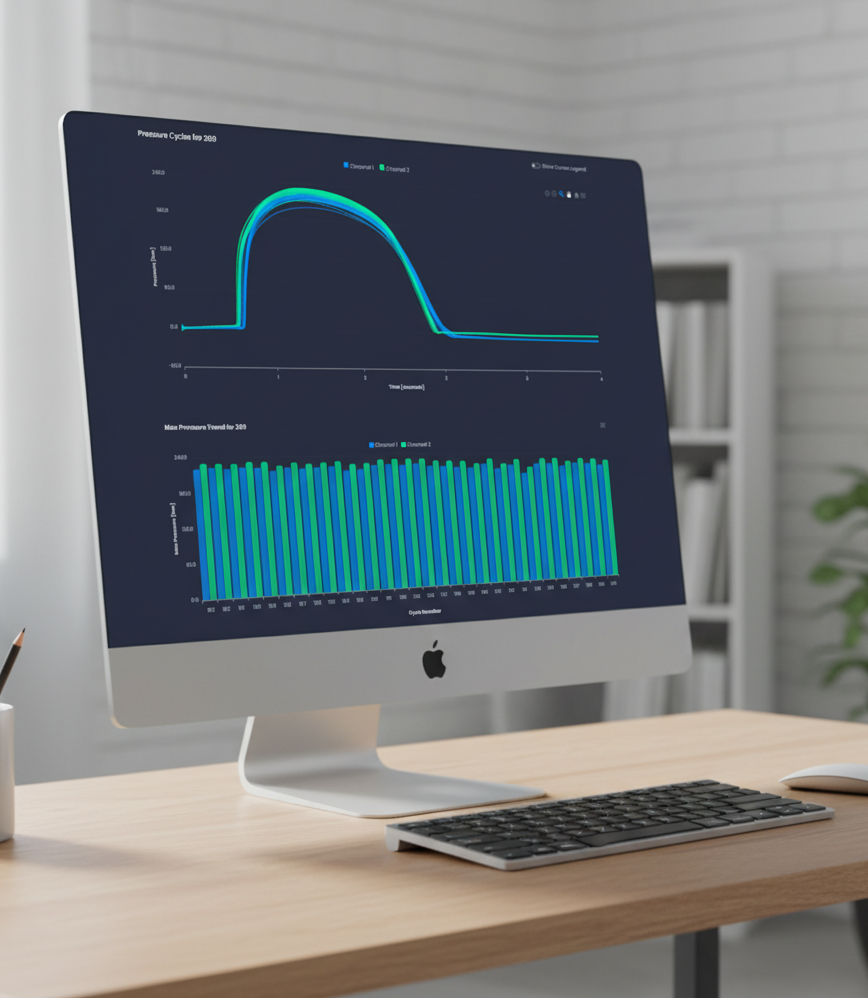 Two large metal parts of an injection mold tool open and placed on a workshop table with some white plastic parts in front.