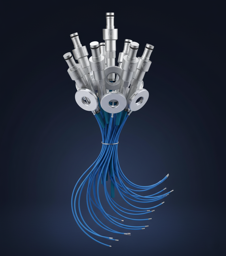 Coiled braided cable with metal connectors on dark background.