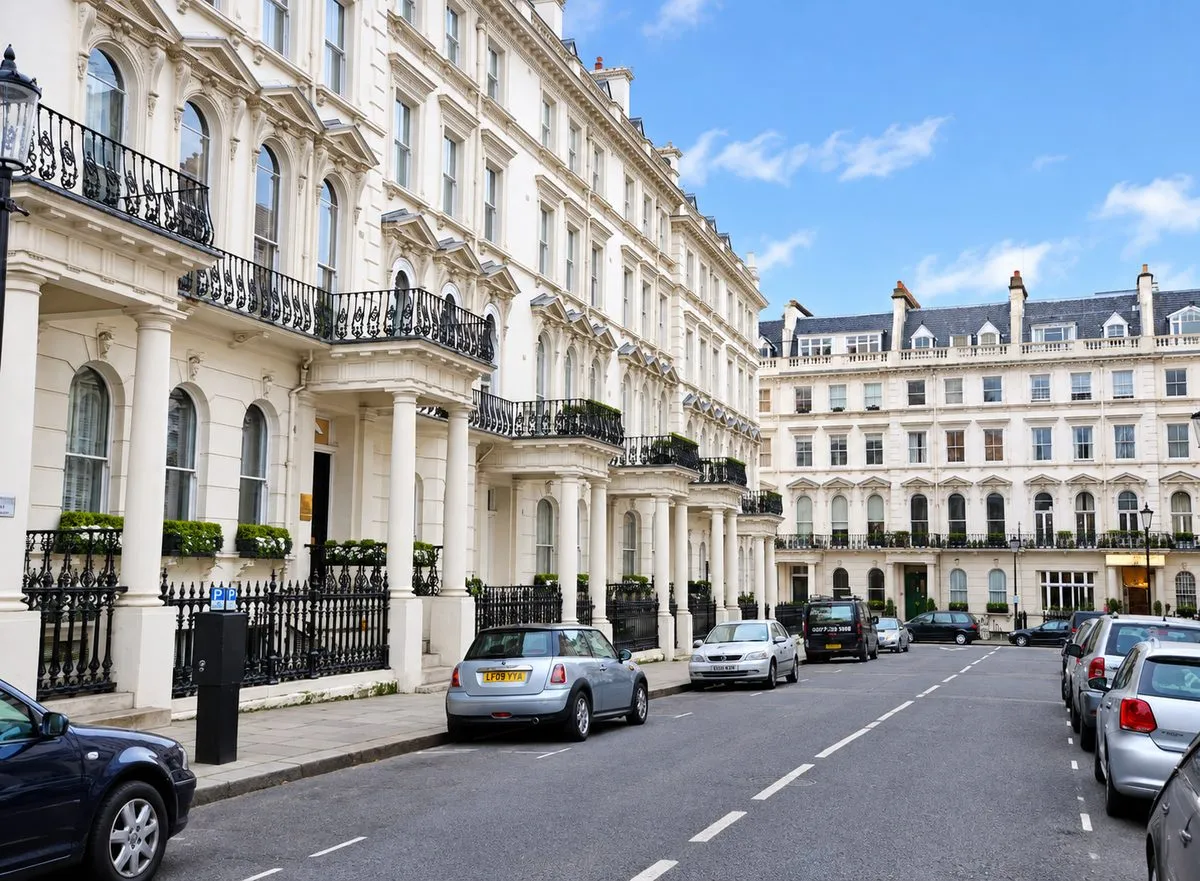 A street of white stucco fronted terraces with porticoes and iron balconies in Kensington