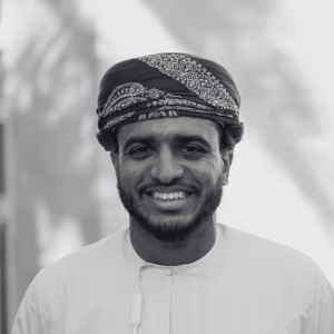 A photo in black and white of Qais al habsi the head of operations for Almaraya Studio