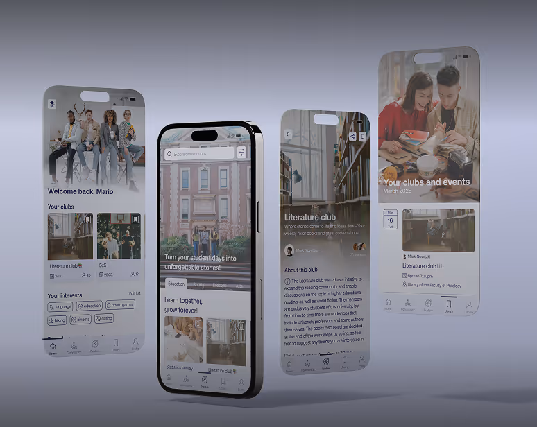 Four smartphone screens displaying a social app interface for clubs and events with sections for club details, user interests, and event schedules.