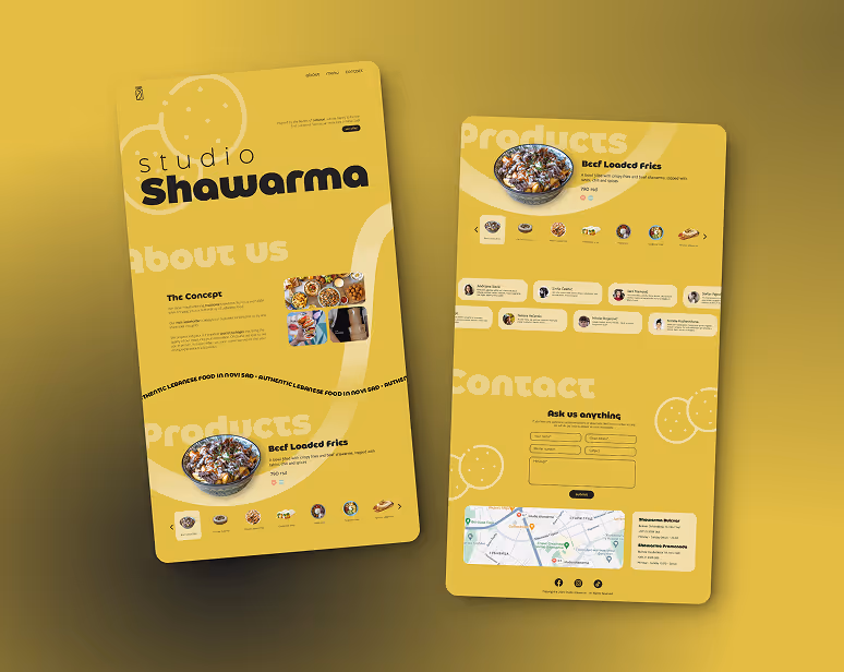 Two yellow-themed web design mockups for Studio Shawarma; the left page features an About Us section and a product display of Beef Loaded Fries, while the right page shows a Products section, a contact form, and a map.