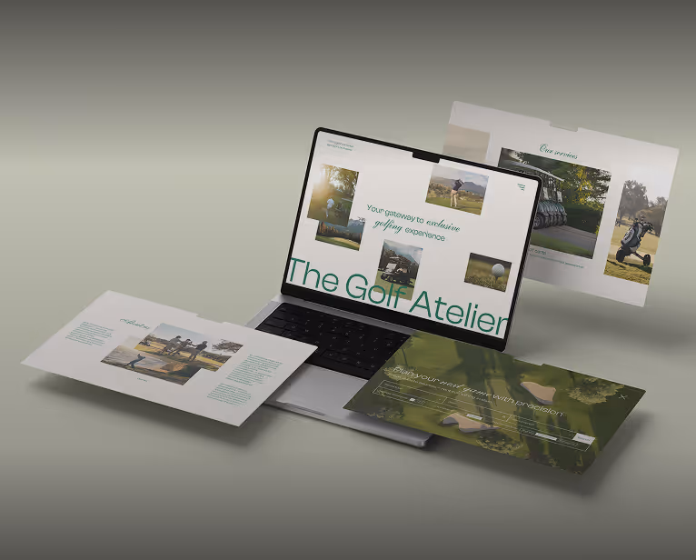 Laptop displaying a golf-themed website surrounded by floating web design pages with golf images and text.