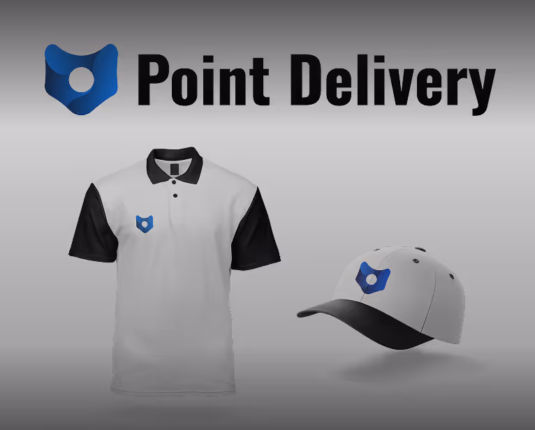 Point Delivery logo above a white polo shirt with black sleeves and collar, and a white and black cap, both featuring the blue logo.