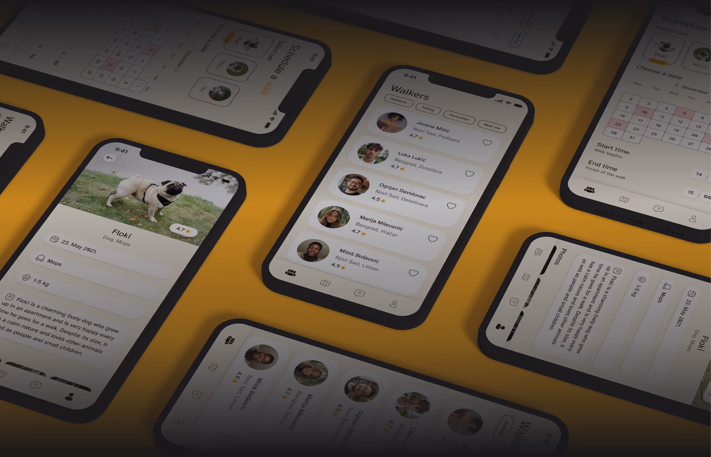 Smartphone screens displaying a dog walking app with profiles of dog walkers, dog details, and a walk scheduling calendar on a yellow background.