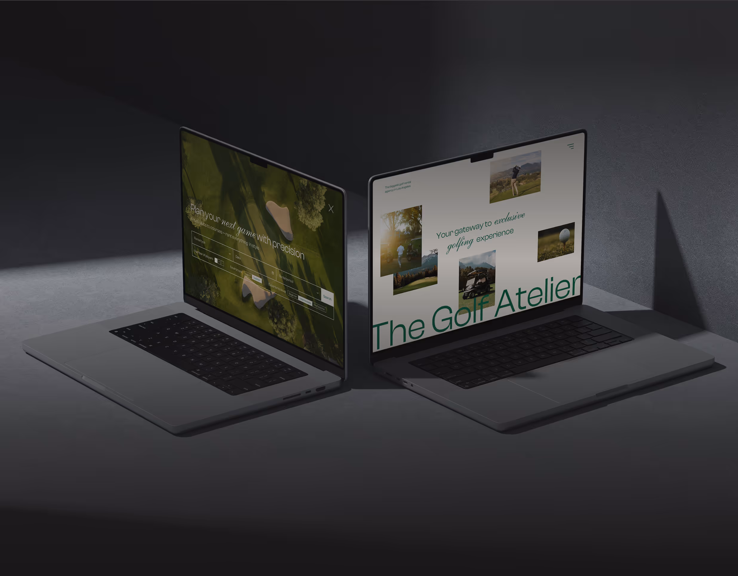 Two open laptops placed side by side showing golf-related websites, one with a golf course aerial view and search interface, the other with golf images and the text 'The Golf Atelier'.
