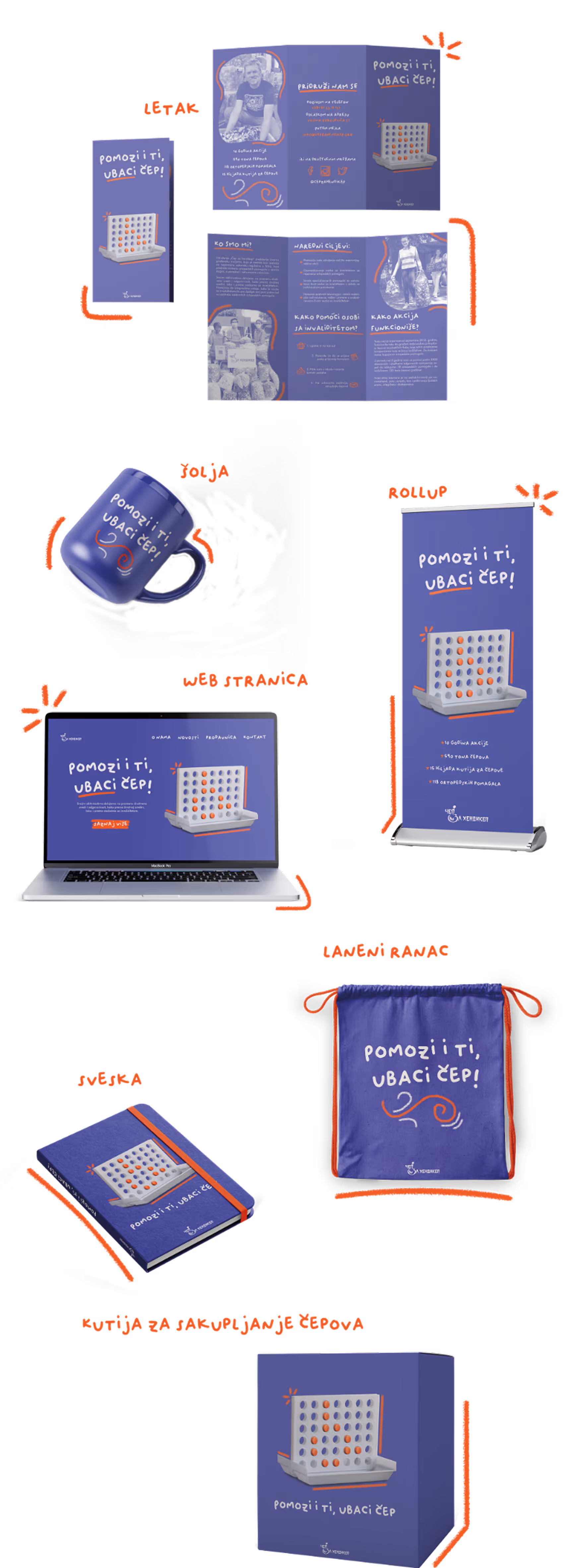 Collection of promotional items featuring a purple and orange Connect Four design with the slogan 'Pomozi i ti, ubaci čep!' including a pamphlet, mug, rollup banner, laptop screen, notebook, drawstring bag, and a box for collecting caps.