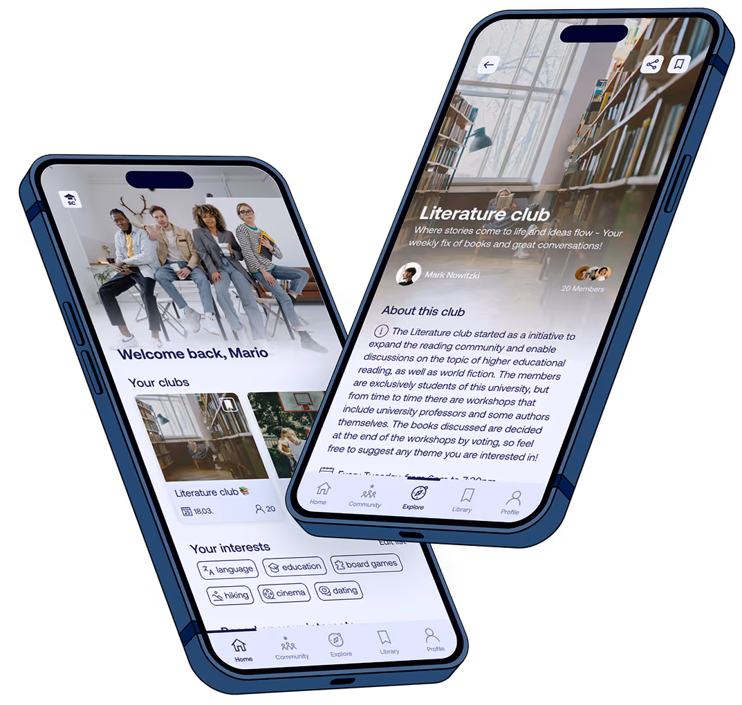 Student club mobile app mockup