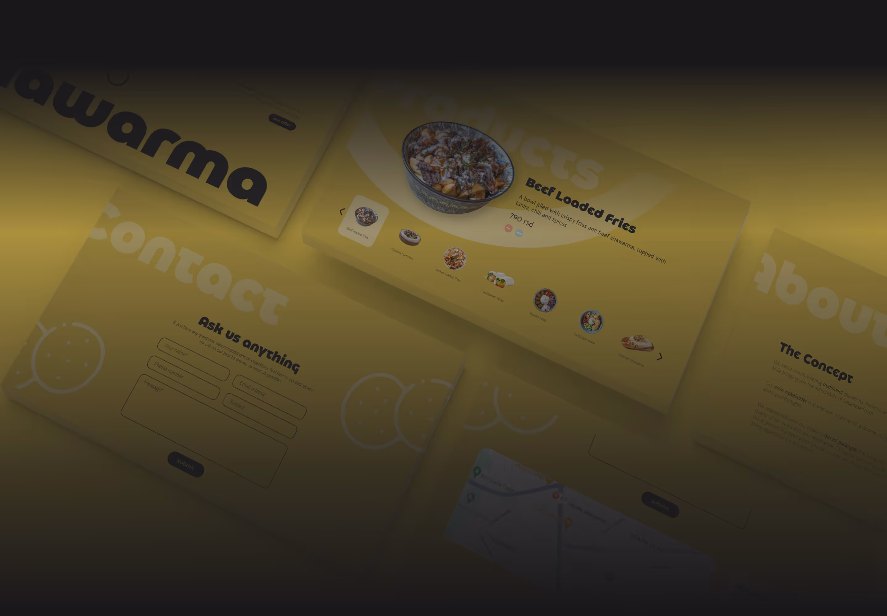 Website layout with yellow background featuring a featured dish 'Beef Loaded Fries', contact form, and informational sections.