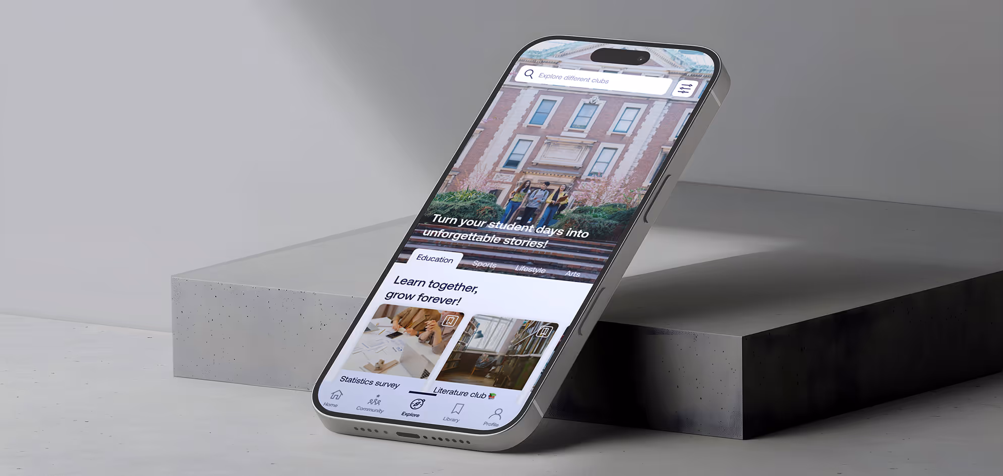 Smartphone displaying a student club app with categories like Education, Sports, Lifestyle, and Arts, featuring a search bar and community icons.