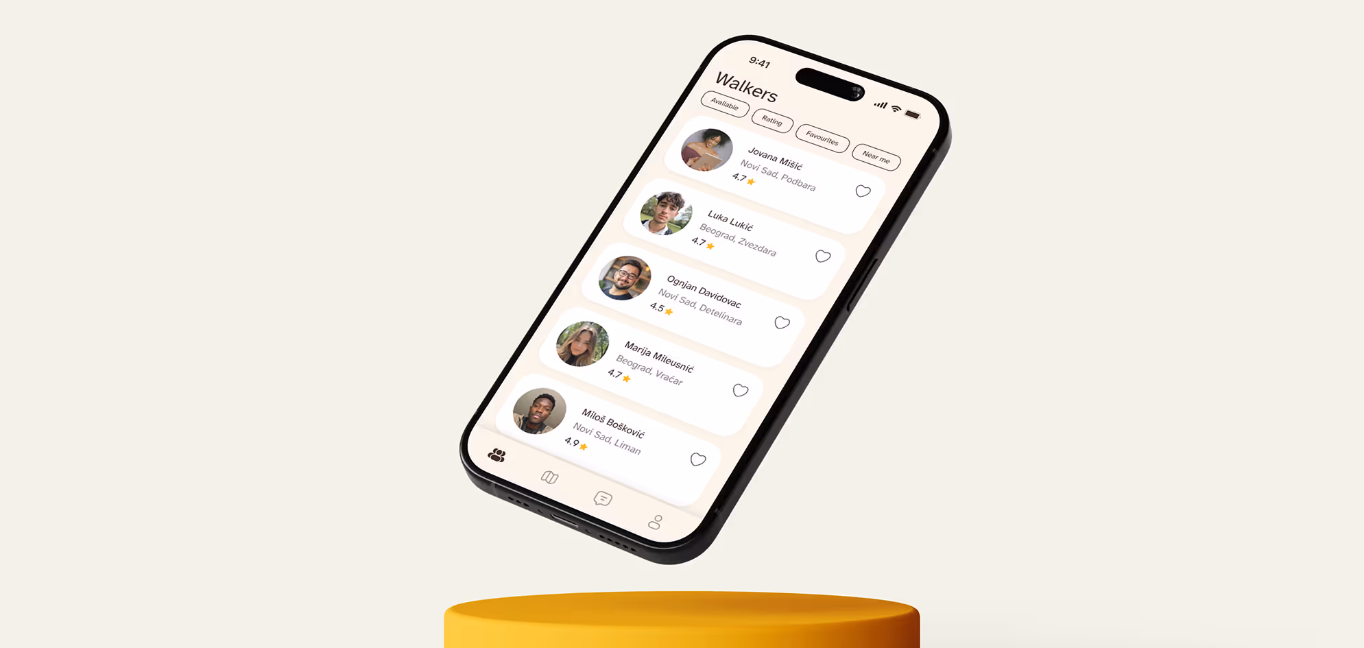 Smartphone screen showing a dog walking app with profiles of five walkers, including names, locations, ratings, and heart icons to favorite.