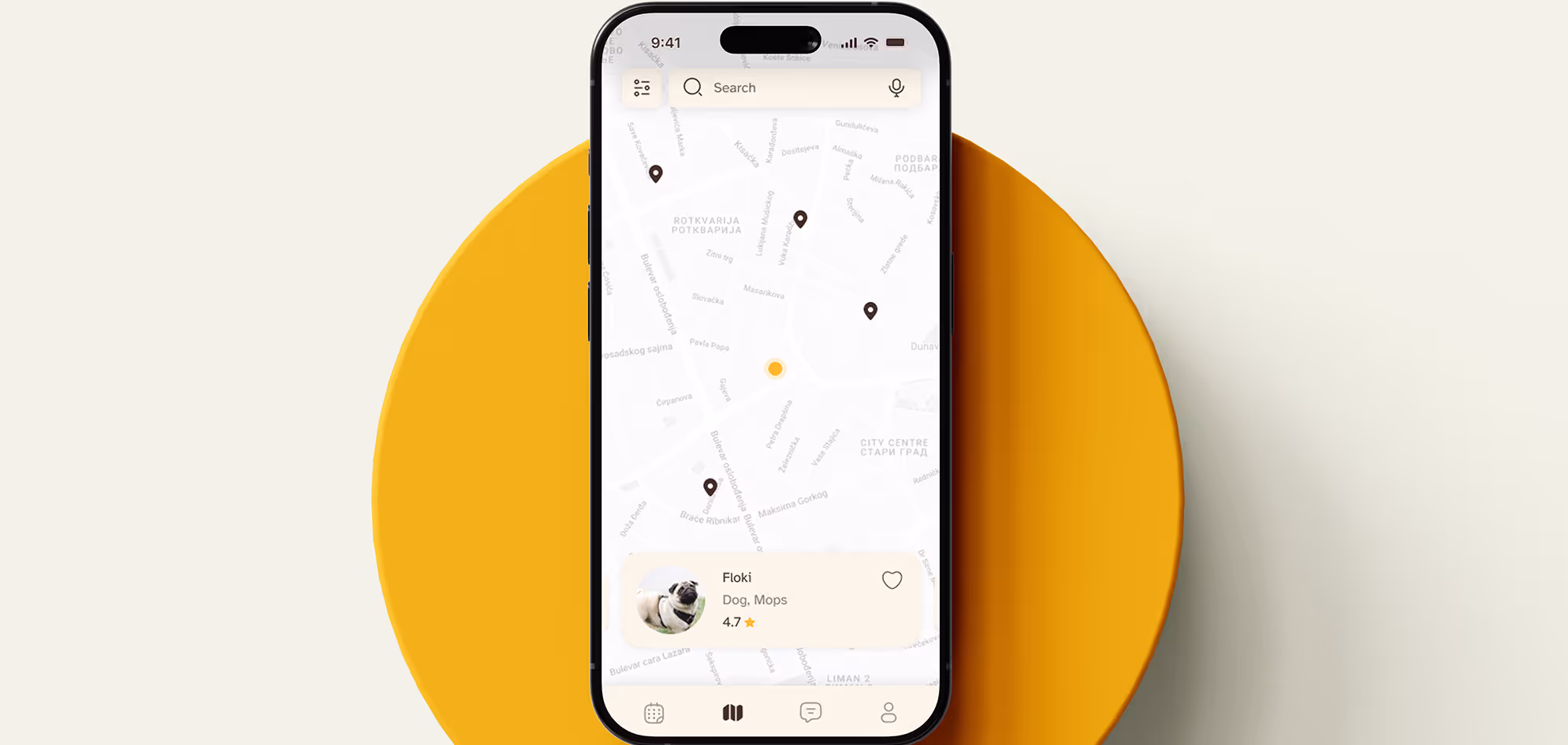 Smartphone displaying a map layout with location pins and a profile card for a dog named Floki, a Mops breed with a 4.7 rating.