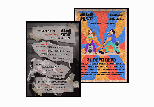 Two posters for the Demo Fest music event on July 20-22, 2023, featuring band names, a schedule, colorful illustrations of musicians, and event details.