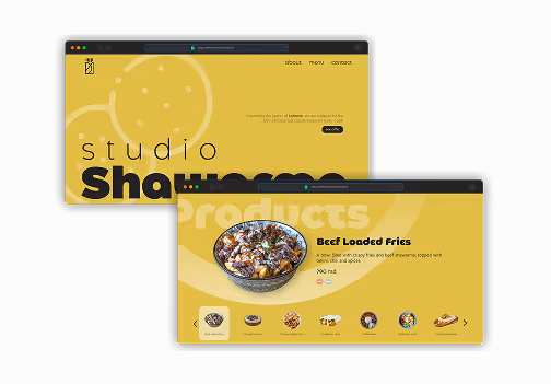 Two overlapping laptop screens showing a yellow-themed website for Studio Shawarma, featuring menu navigation and a bowl of beef loaded fries with description.