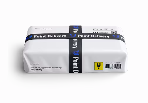 White rectangular package wrapped with black tape labeled 'Point Delivery' with a fragile symbol and shipping label.