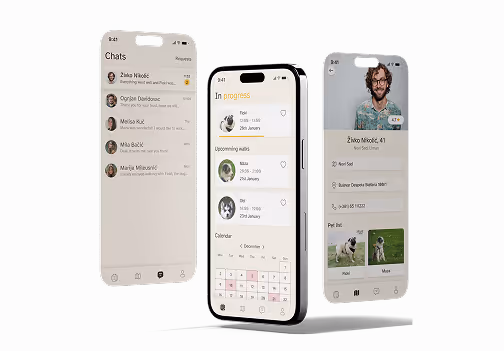 Three smartphone screens showing a pet care app with chat list, task calendar, and a profile page of a user named Želko Nikolć with pet details.