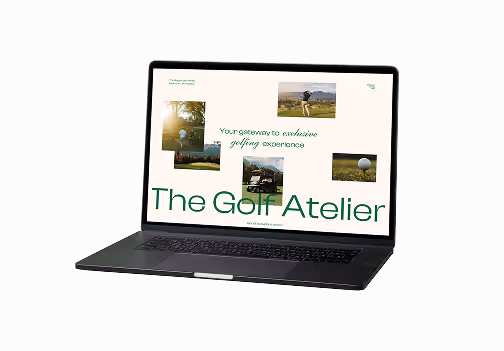 Open laptop displaying a golf website with the heading 'The Golf Atelier' and images of golf scenes.
