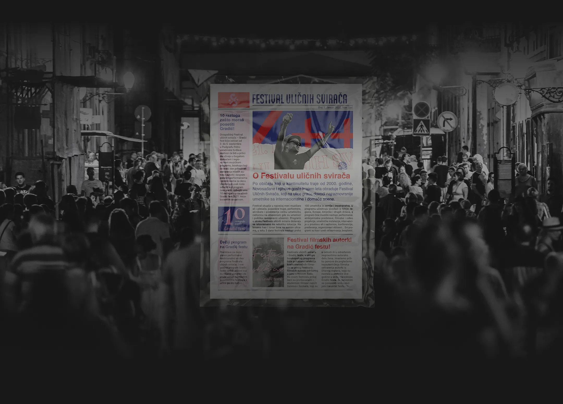Crowded night street scene with a translucent newspaper page about the Festival Uličnih Svirača overlayed in the center.