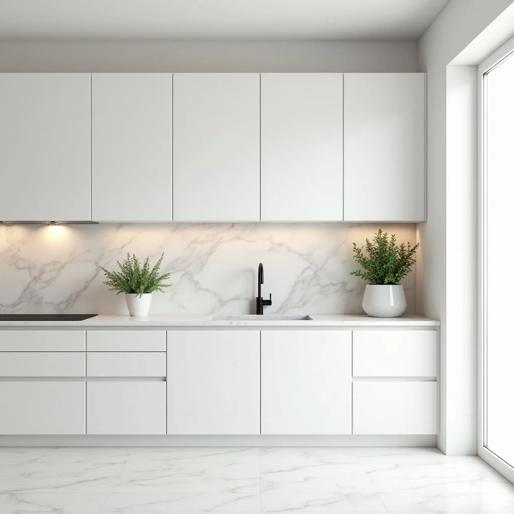 White kitchen with marble splashback, black tap and plants, styled for a reveal